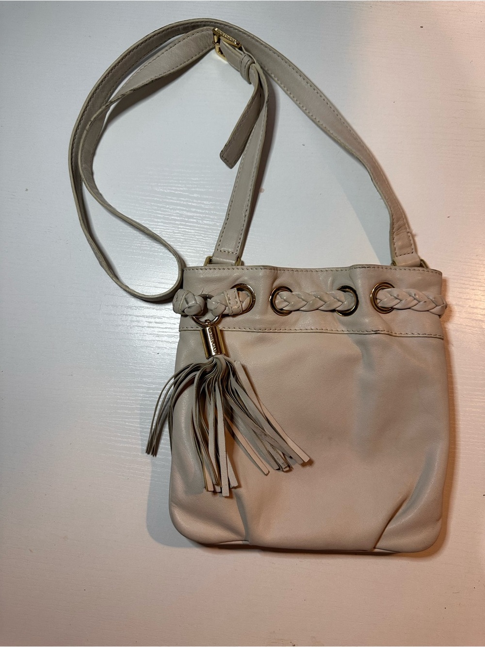 Michael Kors Cream Leather Braided Tassel Crossbody